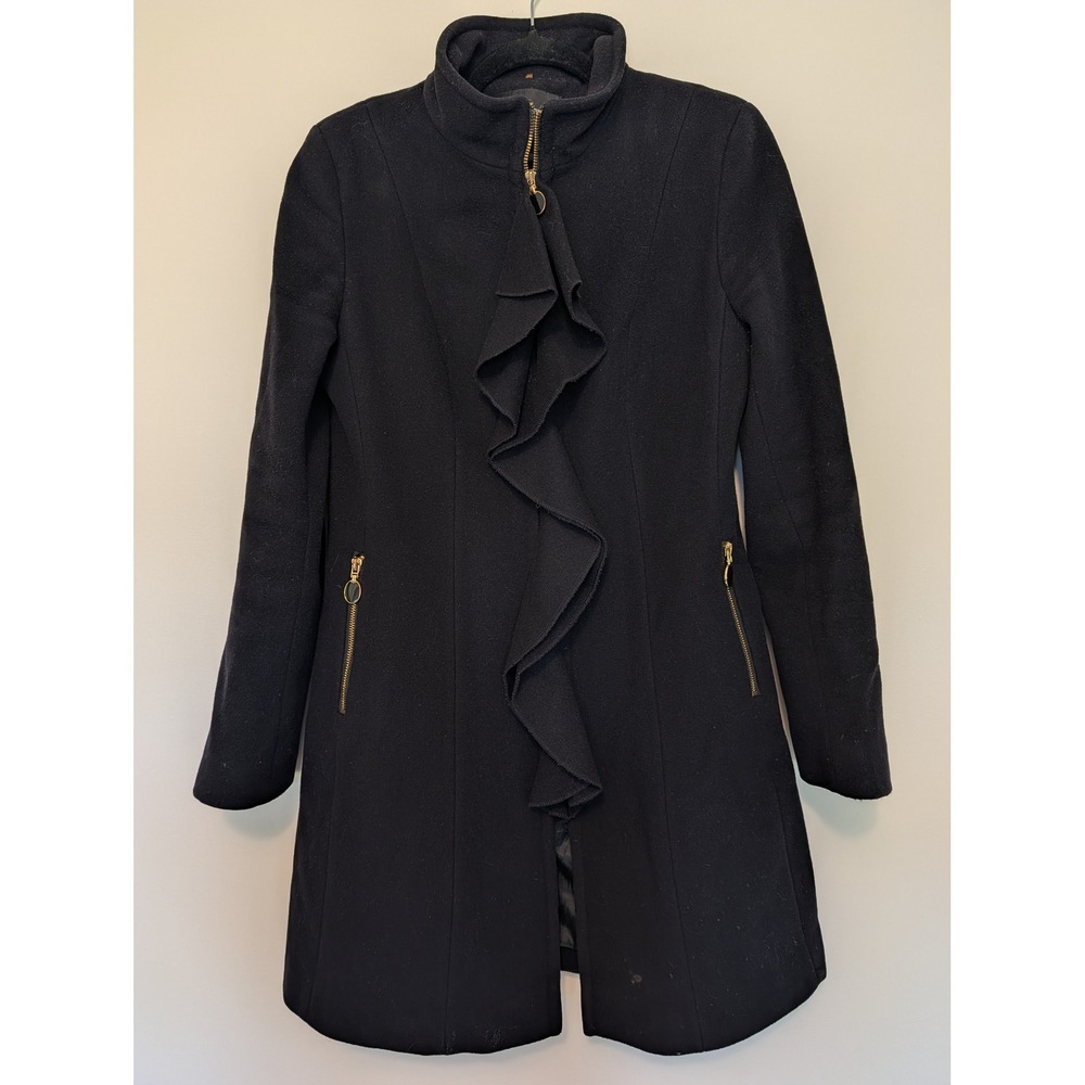 Tahari Wool Cashmere Ruffle Front Zip Trench Coat Jacket Black Womens Size 10